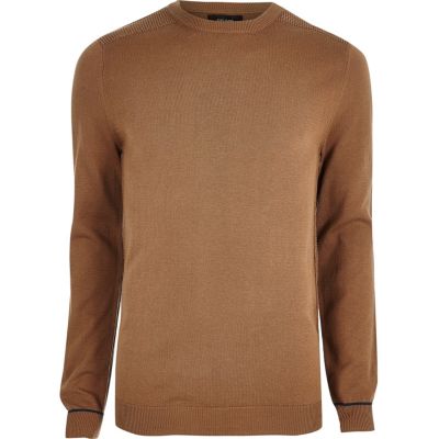 Brown knit slim fit mesh panel jumper